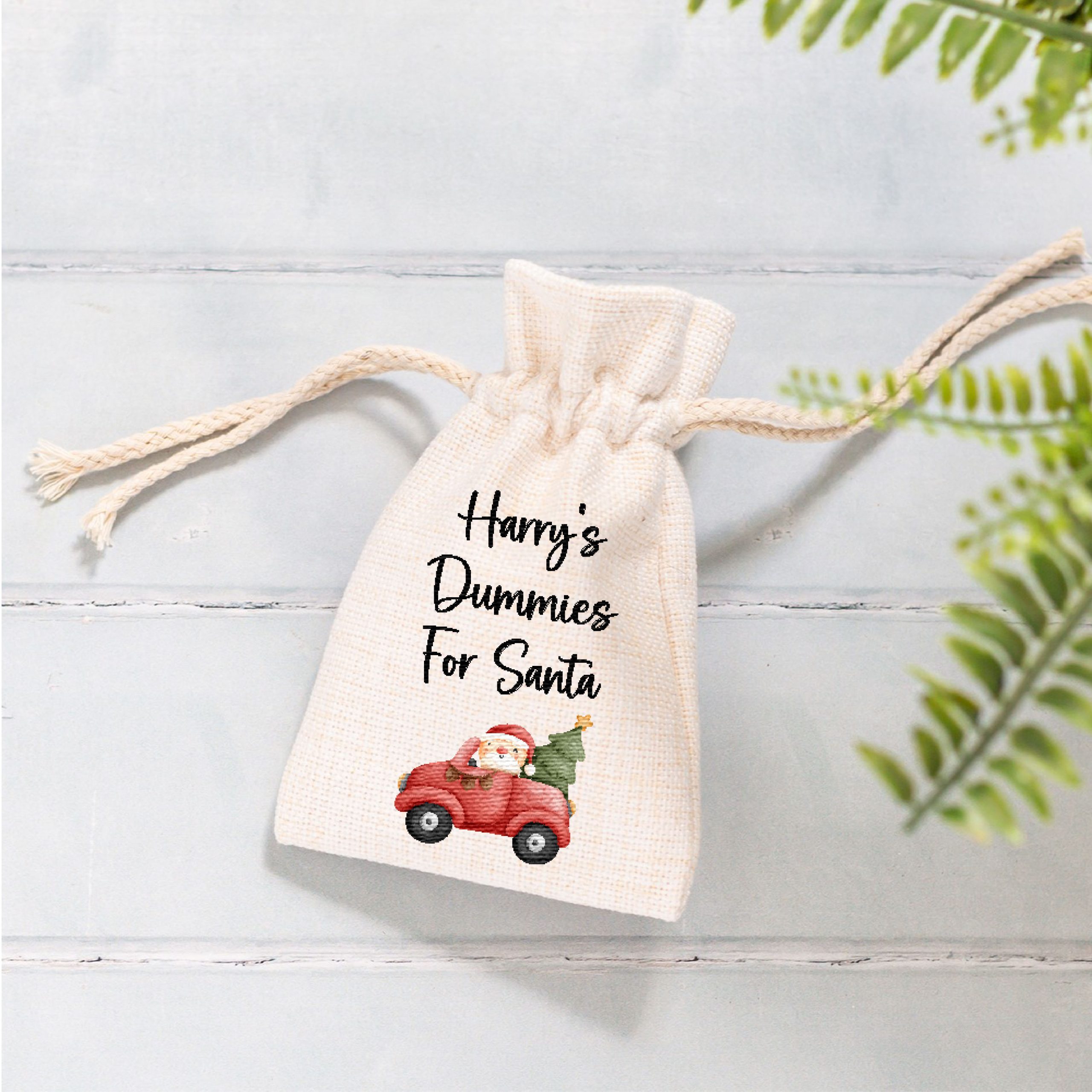 Personalised Dummy Santa Christmas Linen Style Drawstring Bag Pouch - Image 4