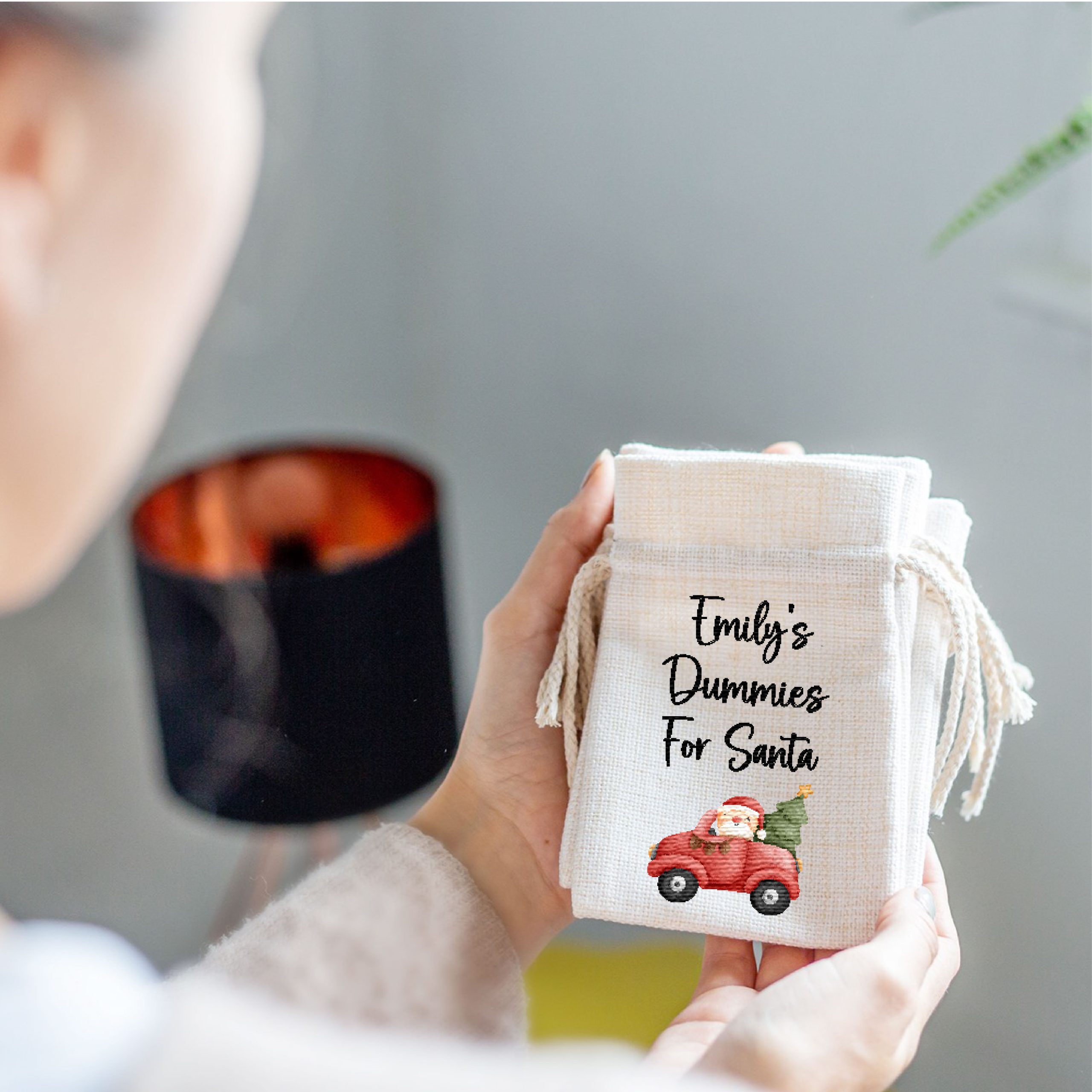 Personalised Dummy Santa Christmas Linen Style Drawstring Bag Pouch - Image 5
