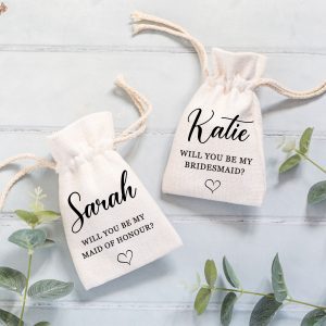 Personalised Bridesmaid Proposal Linen Style Drawstring Bag Pouch
