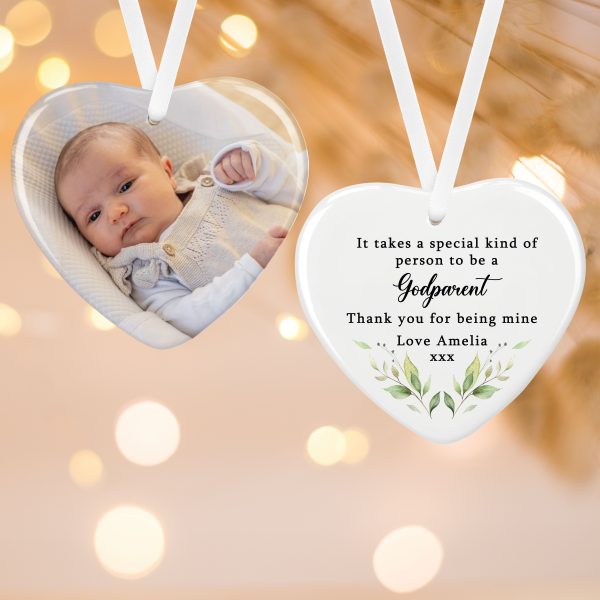 Personalised Godparent Photo Ceramic Heart Hanging Decoration Ornament