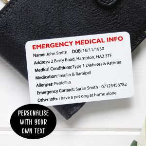 Personalised emergency medical info metal wallet card with custom printed text on a white glossy aluminium insert, ideal for essential contact details, medical conditions, and allergies for peace of mind. Perfect for the elderly or anyone needing vital safe information readily available. Made in the UK.