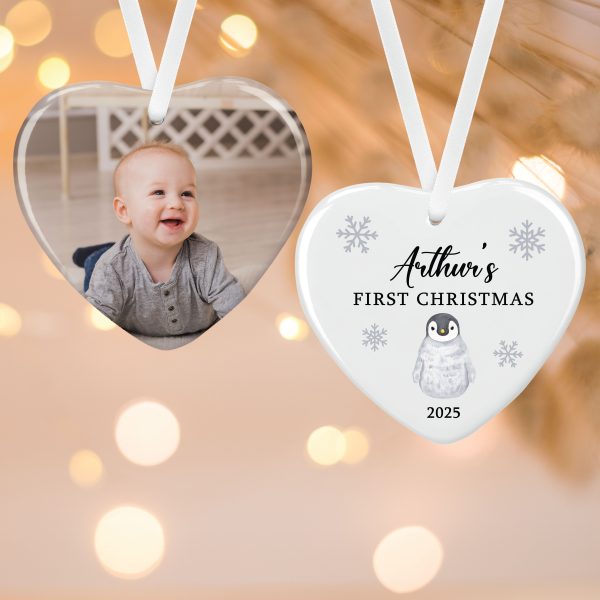 Personalised Photo & Baby's First Christmas Penguin Ceramic Bauble Decoration - Image 2
