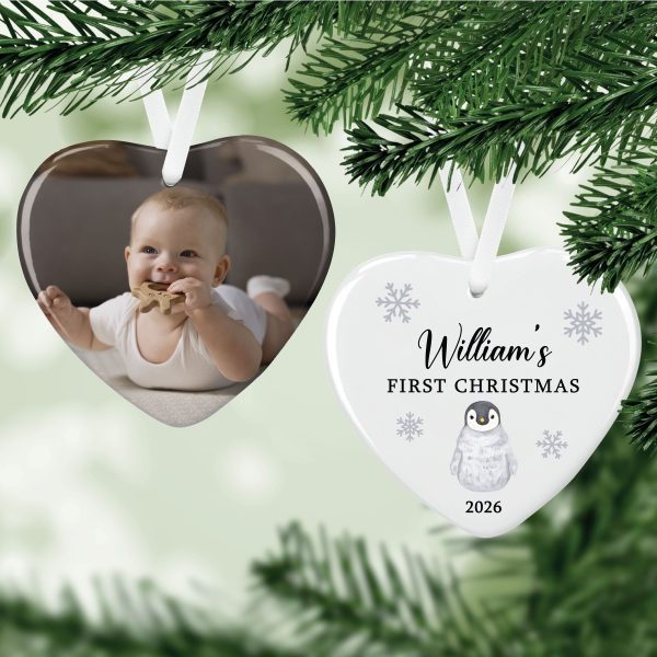 Personalised Photo & Baby's First Christmas Penguin Ceramic Bauble Decoration - Image 7