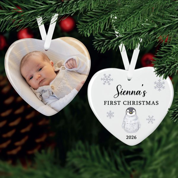Personalised Photo & Baby's First Christmas Penguin Ceramic Bauble Decoration - Image 5