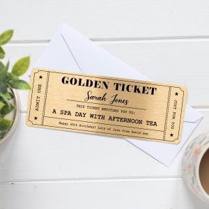 Personalised Metal Golden Ticket Voucher Birthday Gift Card