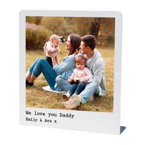 A personalised family memory metal photo stand for him, showing dad sitting outdoors with mum and children, custom printed with your chosen photo and message beneath, handmade glossy aluminium gift idea for husband, boyfriend or dad on Father’s Day, birthday or Christmas, unique keepsake present by Drifting Ducks UK