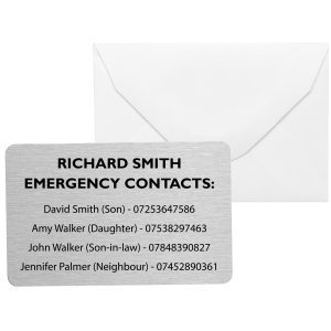 personalised emergency contact wallet card brushed silver aluminium metal card with custom name and emergency phone numbers, medical id style card with envelope, gift idea for parents, grandparents, elderly, mum, dad, nana, son, daughter, family safety card keepsake uk