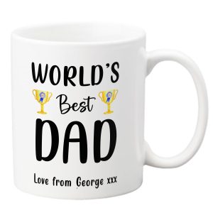 White ceramic personalised mug with bold black text reading “World’s Best Dad” surrounded by two gold trophy illustrations, featuring a custom message at the bottom such as “Love from George xxx”. Unique Father’s Day gift idea, personalised dad mug, birthday present for dad, Christmas gift for fathers, dishwasher safe 11oz mug with design printed on both sides.