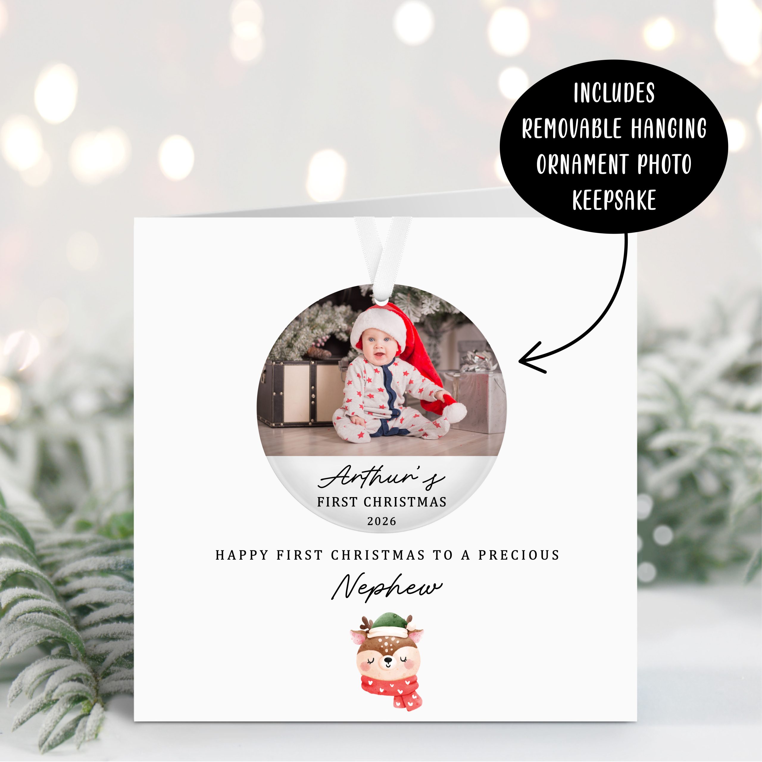 Personalised First Christmas Card for Nephew with Acrylic Xmas Tree Bauble - Image 2