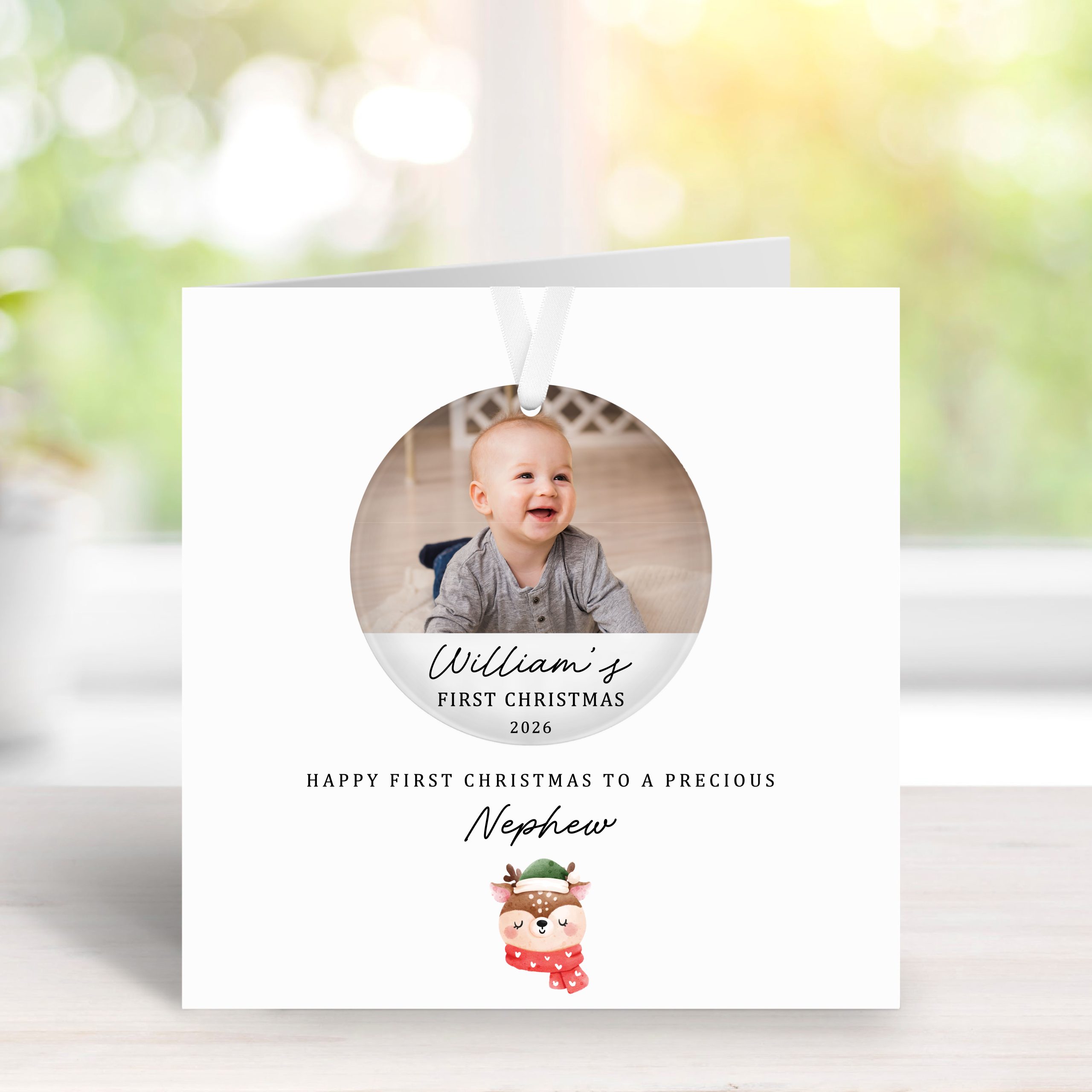 Personalised First Christmas Card for Nephew with Acrylic Xmas Tree Bauble - Image 6