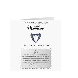 Personalised son wedding day card with tuxedo suit design and custom name Matthew, luxury 300gsm card with detachable brushed silver aluminium wallet card keepsake gift, sentimental message from parents to son, unique personalised wedding day gift, handmade card with envelope, Drifting Ducks UK