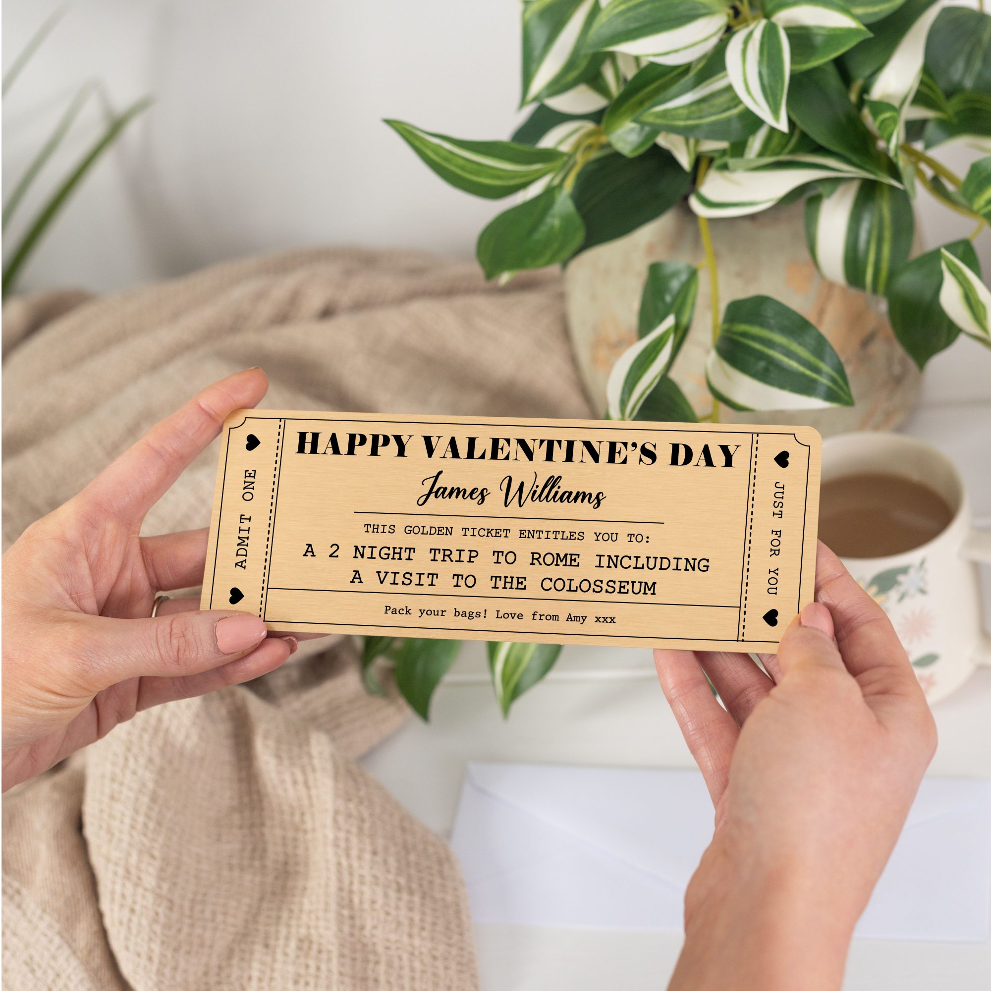 Personalised Happy Valentine’s Metal Golden Ticket Gift Voucher Card - Valentine's Gift for Him or Her - Image 3