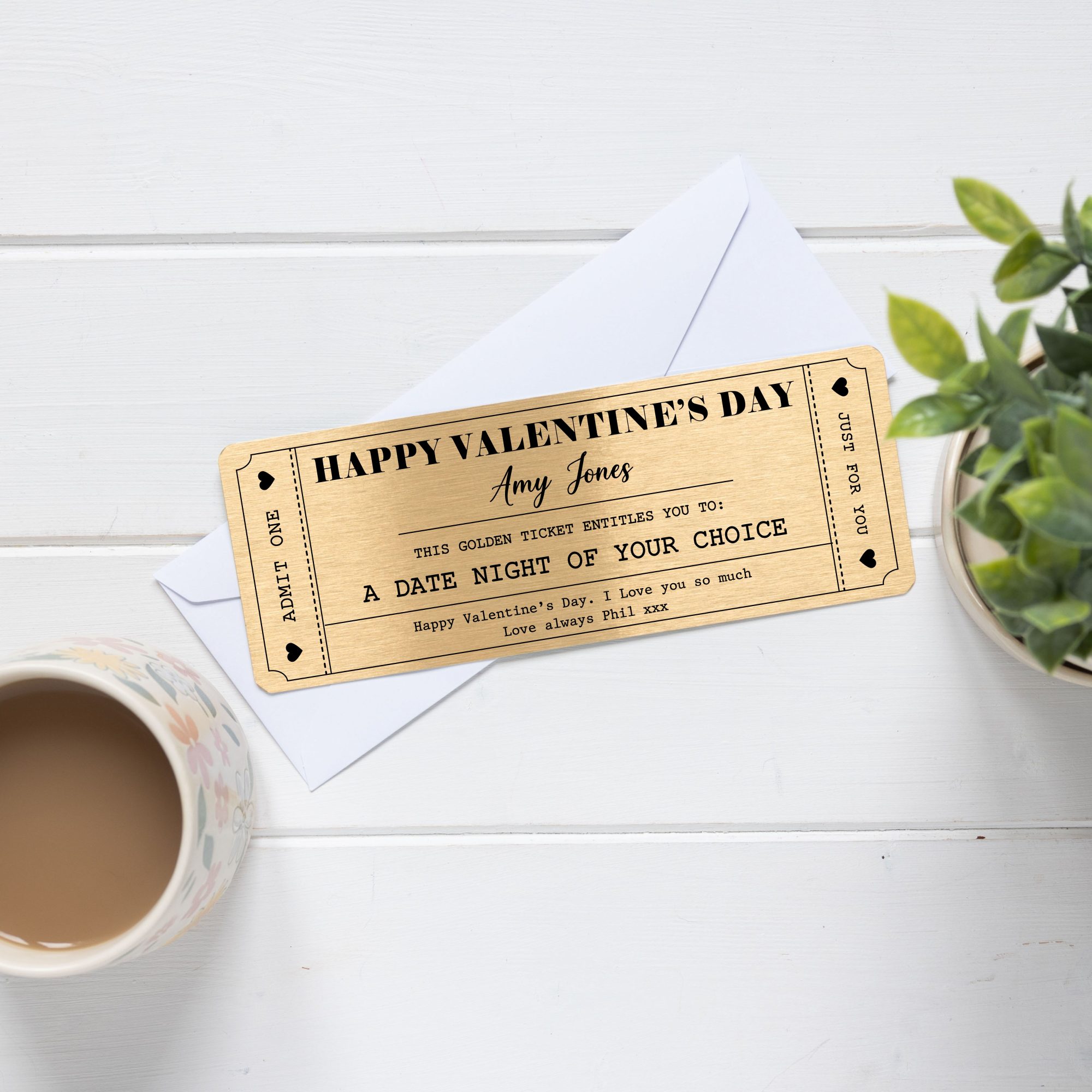 Personalised Happy Valentine’s Metal Golden Ticket Gift Voucher Card - Valentine's Gift for Him or Her - Image 7