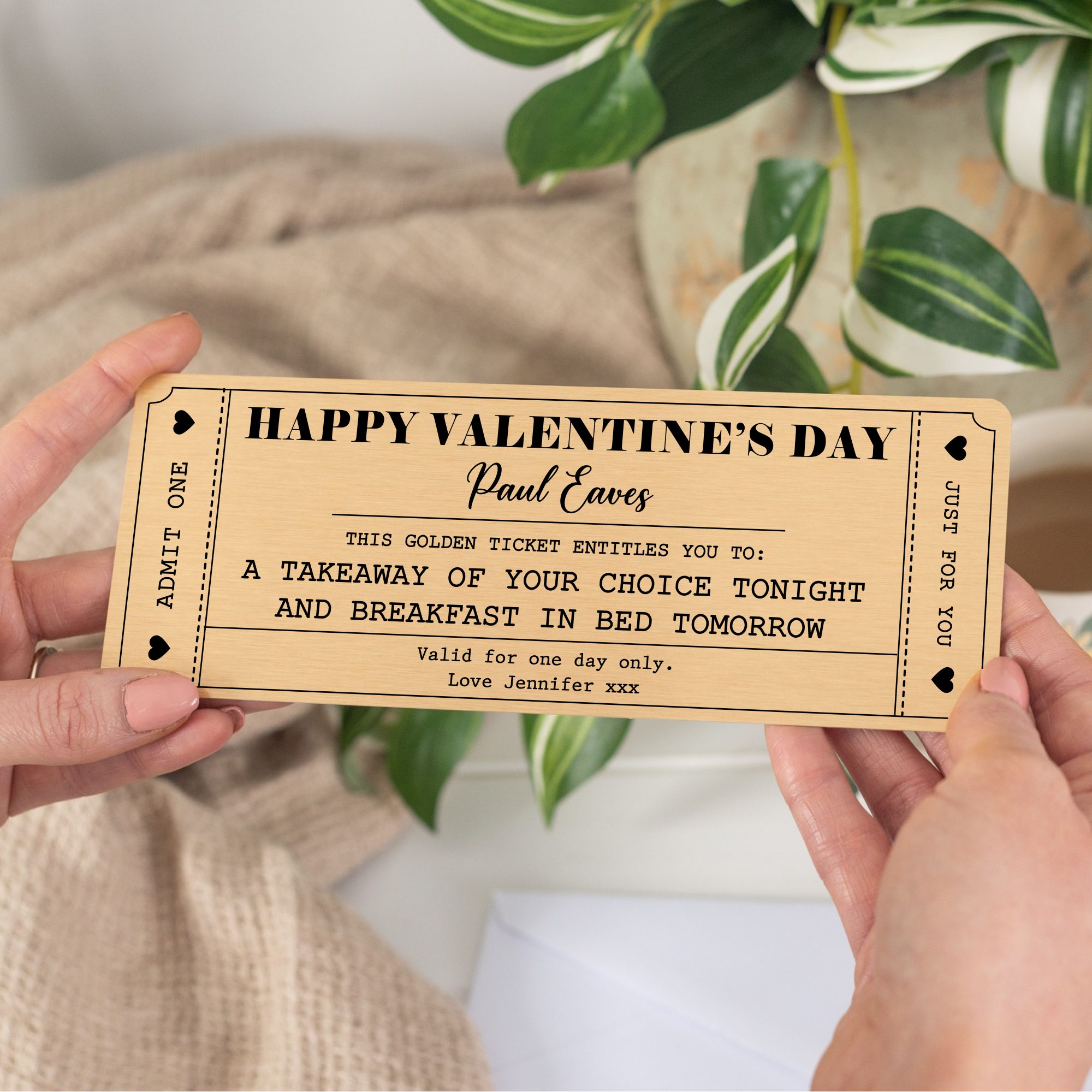 Personalised Happy Valentine’s Metal Golden Ticket Gift Voucher Card - Valentine's Gift for Him or Her - Image 2