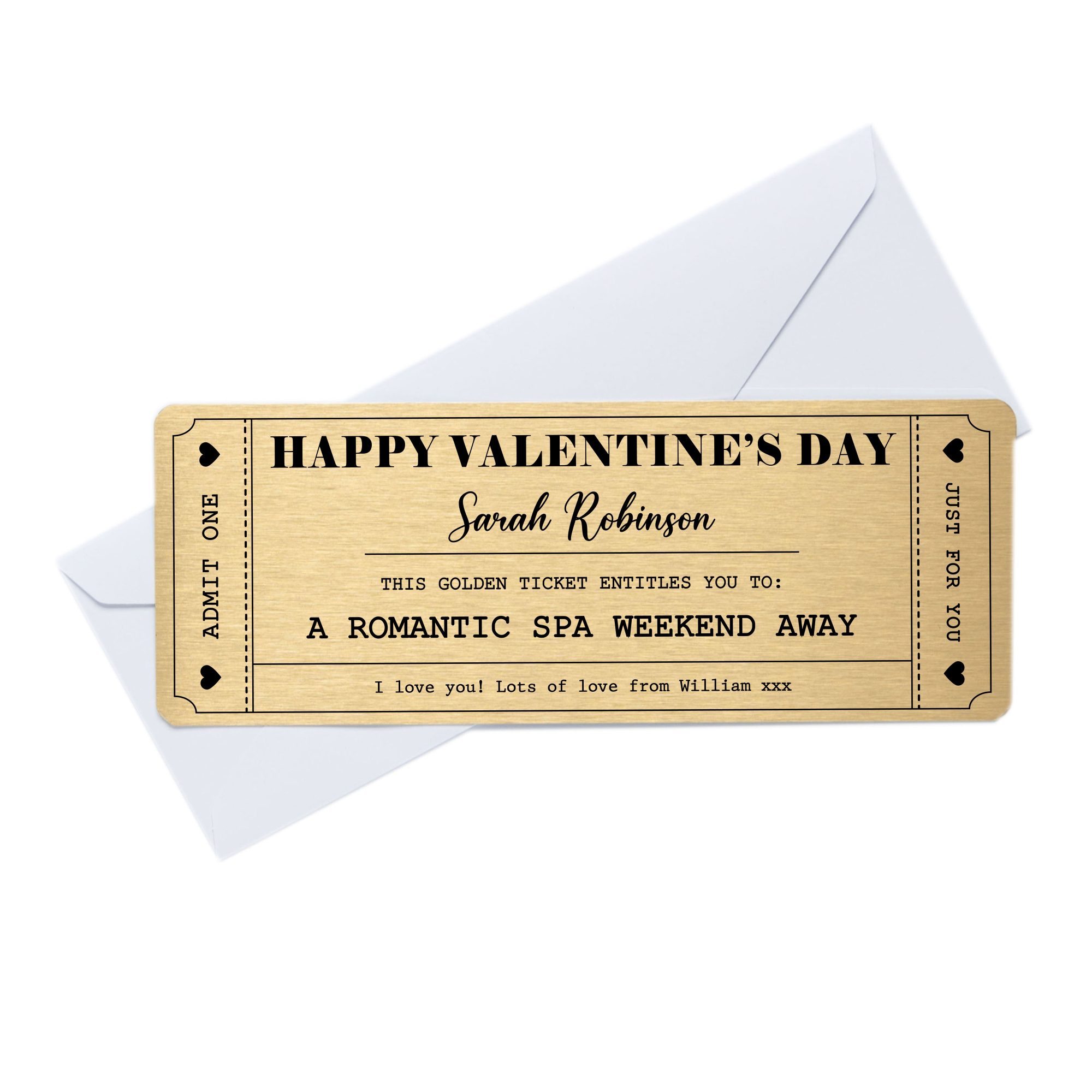 Personalised Happy Valentine’s Day metal golden ticket gift voucher card made from brushed gold aluminium, customised with recipient name and romantic message, luxury keepsake voucher in envelope, unique Valentine’s Day gift for boyfriend, girlfriend, husband or wife, flat lay product photo on white background