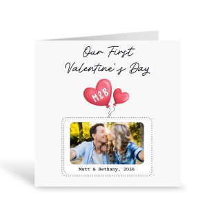 Personalised Our First Valentine’s Day greeting card with removable metal photo wallet card keepsake, showing a couple’s photo and custom names and date, presented in a white square luxury card with heart design, romantic personalised Valentine’s gift for boyfriend, girlfriend, husband or wife, featuring a glossy aluminium photo card that fits inside a wallet